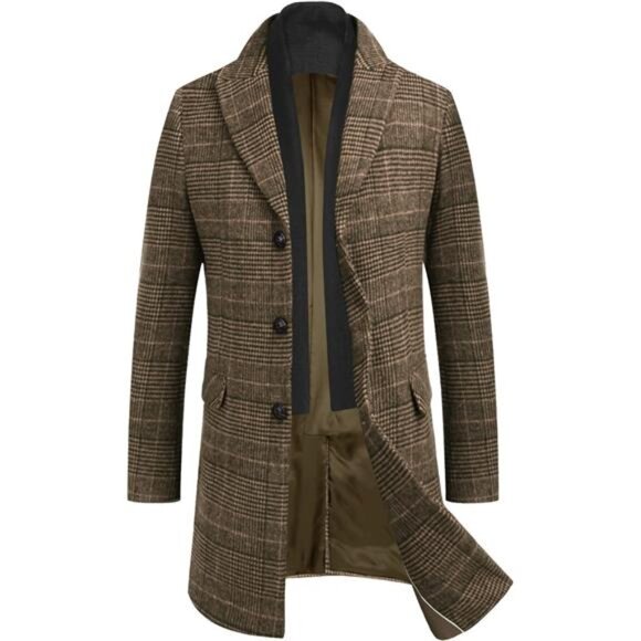Other - Men's Wool Blend Coat with Detachable Plaid Scarfs Brown Plaid